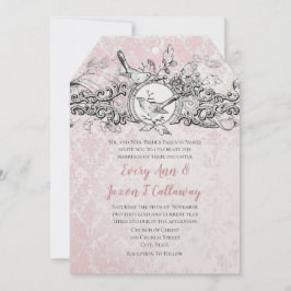 Vintage Love birds Rosa Oak Löv Rulla Bröllop Inbjudningar