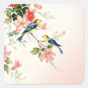 Vintage Love birds rosa vit Fyrkantigt Klistermärke