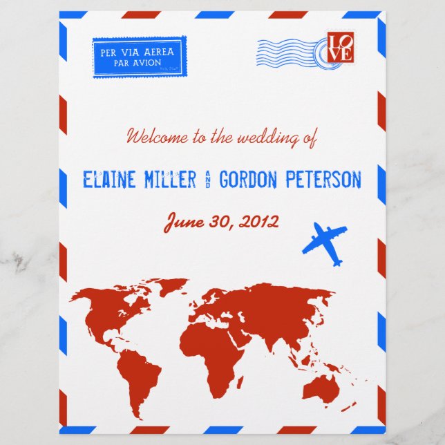 Vintage Luft Mail Bröllopsprogram Flyer (Framsida)