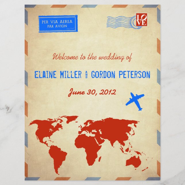 Vintage Luft Mail Bröllopsprogram Flyer: Distress (Framsida)