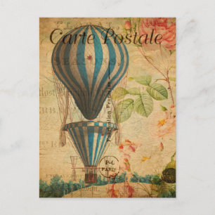 Vintage Luftballong Blommigt Flowers Fransk Vykort