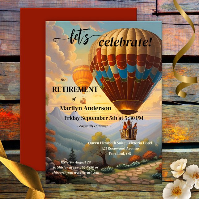 Vintage Luftballong Travel Pension Party Inbjudningar (Retirement party invitation featuring a colorful vintage painting of a hot air balloon)