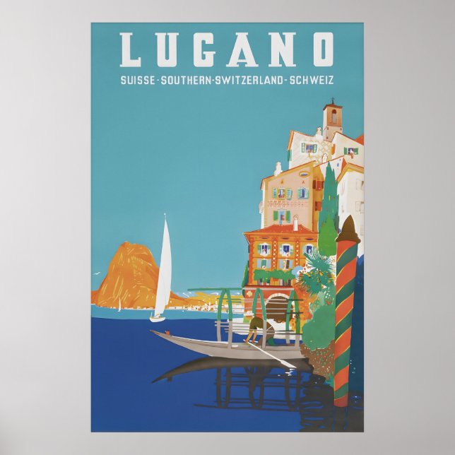 Vintage Lugano Schweiz Reseskylt Affisch (Framsidan)