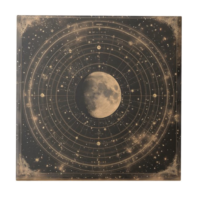 Vintage Lunar Celestial Karta Design Kakelplatta (Framsidan)