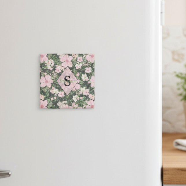 Vintage Lush Rosa Botanical Monogram Magnet (Skapare uppladdad)