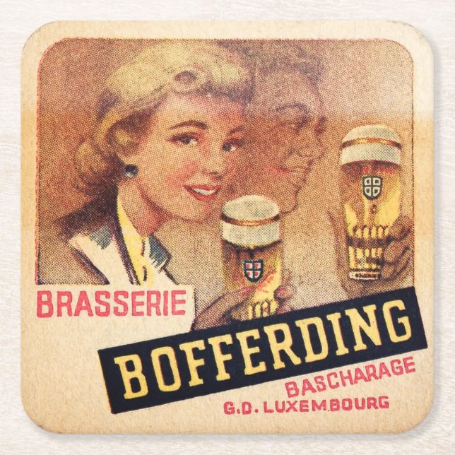 Vintage Luxemburg Beer Label Underlägg Papper Kvadrat (Framsidan)