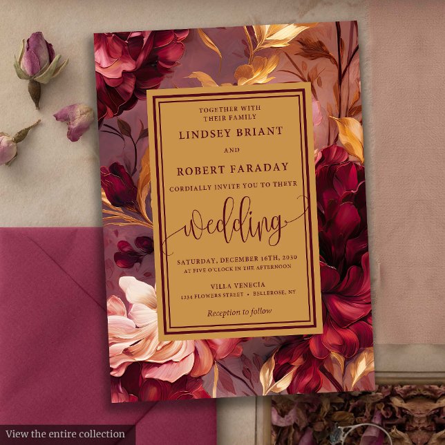 Vintage Luxury Marsala Guld Flowers bröllopsinbjud Inbjudningar (Vintage Luxury Marsala Gold Flowers Wedding Invitation)