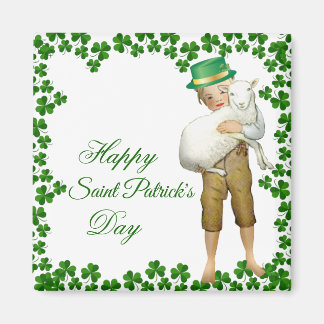 Vintage Lycklig Saint Patricks Day Hat Boy Hugs La Magnet