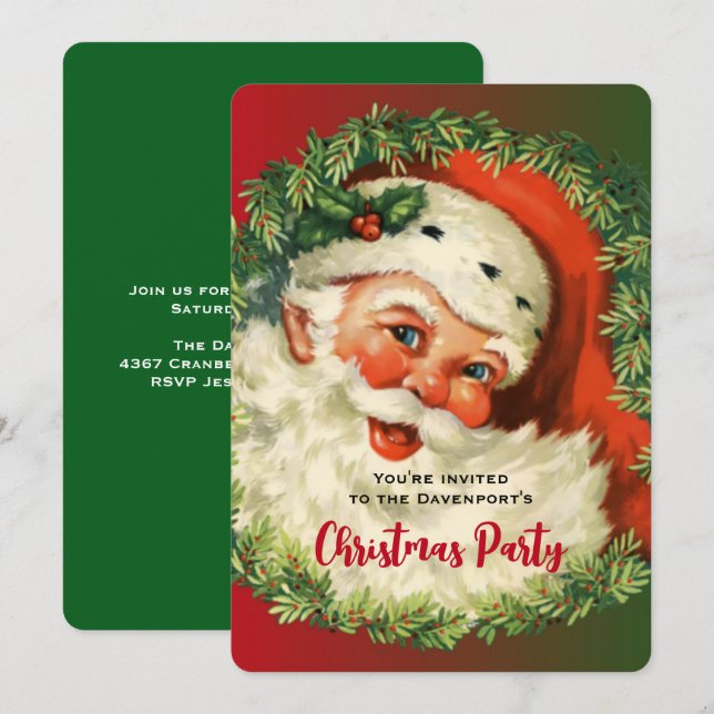 Vintage Lycklig Santa med utandningsluften Holly & Inbjudningar (Fram/baksida)