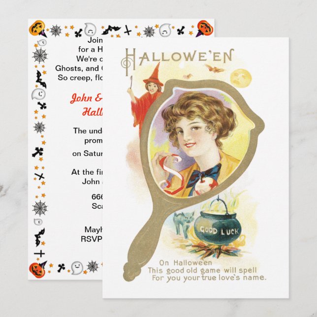 Vintage Lycko Spegel Halloween Inbjudningar (Fram/baksida)