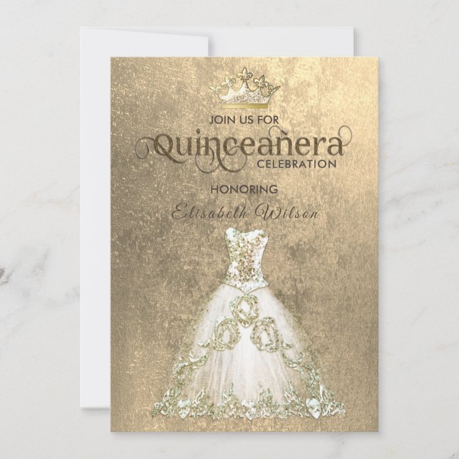 Vintage lyxklänning guld tiara Quinceañera Inbjudningar (Framsida)