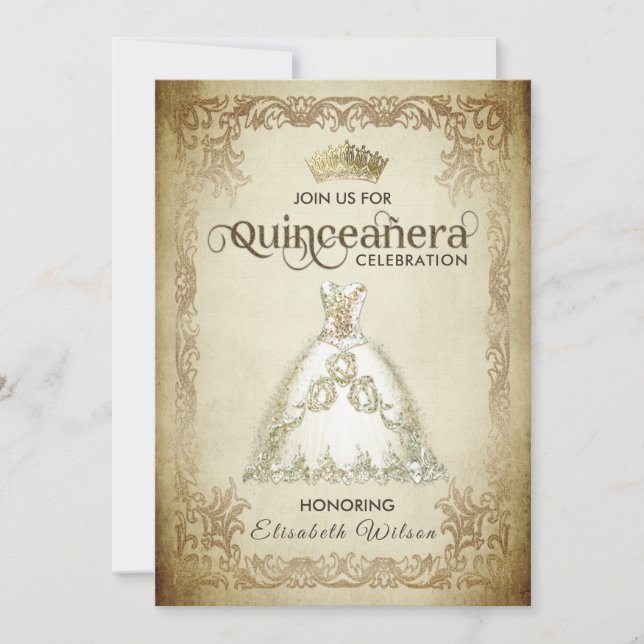 Vintage lyxklänning tiara Quinceañera Inbjudningar (Framsida)