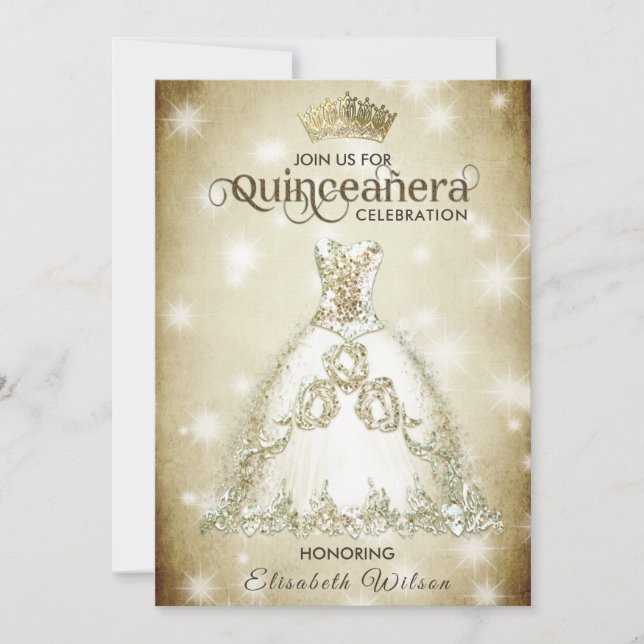 Vintage lyxklänning tiara Quinceañera Inbjudningar (Framsida)