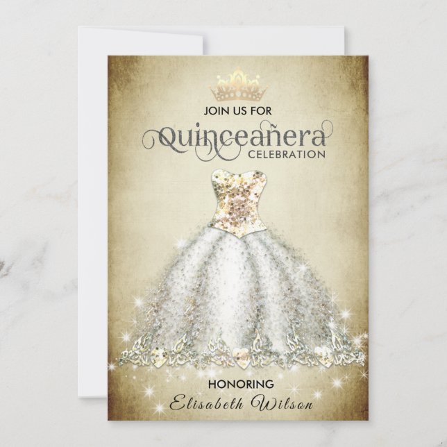 Vintage lyxklänning tiara Quinceañera Inbjudningar (Framsida)