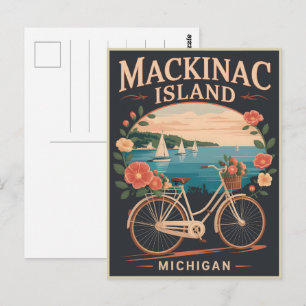 Vintage Mackinac Island Michigan med cykel Blommor Vykort