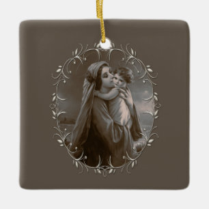 Vintage Madonna och barn med Silver Ram Julgransprydnad Keramik