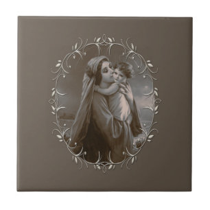 Vintage Madonna och barn med Silver Ram Kakelplatta