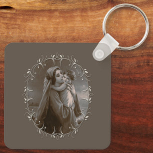 Vintage Madonna och barn med Silver Ram Nyckelring