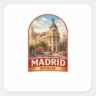 Vintage Madrid Spain Travel Poster Style Design Fyrkantigt Klistermärke