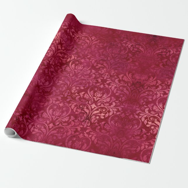 Vintage Magenta Guld Damask Grunge textur Presentpapper (Utrullad)