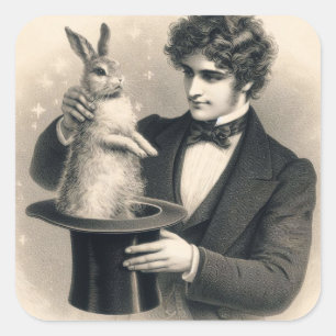 Vintage Magician and Rabbit Magic Trick Fyrkantigt Klistermärke
