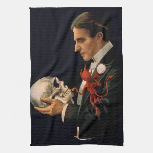 Vintage Magician, Thurston håller en mänsklig skal Kökshandduk (Vertikal)