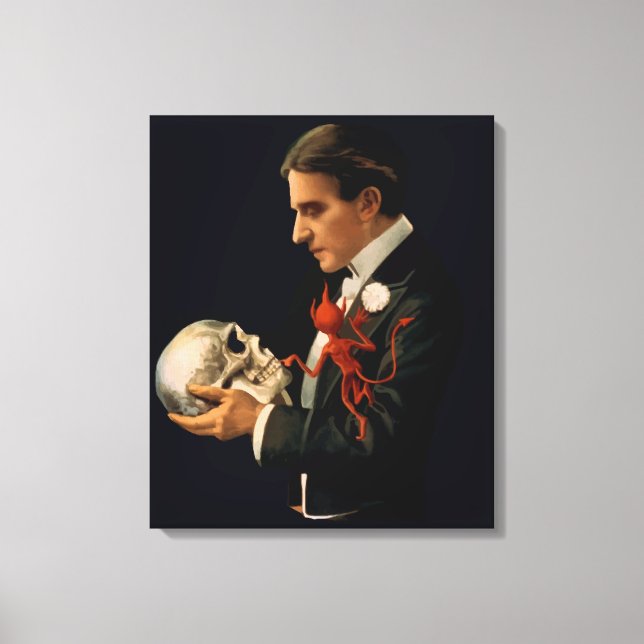 Vintage Magician, Thurston Holding a Human Skull Canvastryck (Framsida)