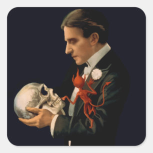 Vintage Magician, Thurston med ett människo kraniu Fyrkantigt Klistermärke