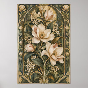 Vintage Magnolia Art Nouveau Botanisk Väggkonst