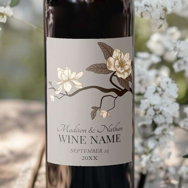 Vintage Magnolia Bröllop Grått Vinflaska Etikett (Skapare uppladdad)