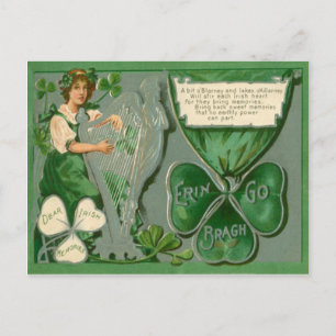 Vintage Maid Harp of Erin St patrick's day Card Vykort