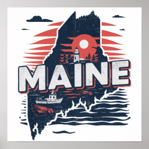 Vintage Maine USA delstats karta Resa Poster
