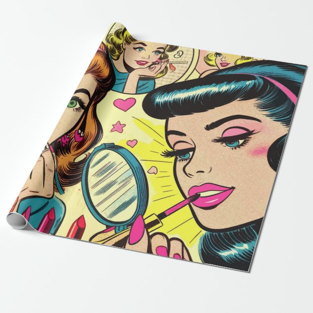 Vintage Makeup Girls-Tecknader Presentpapper (Utrullad)