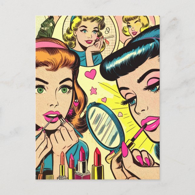 Vintage Makeup Girls-Tecknader Vykort (Framsida)