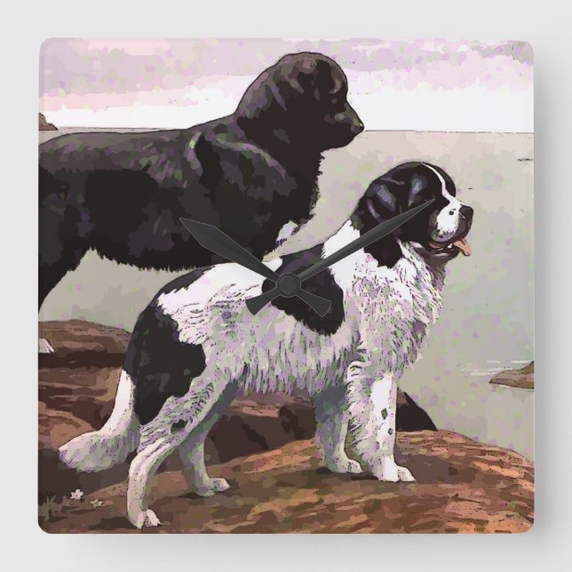 Vintage Målade Newfoundlands Fyrkantig Väggklocka (Framsida)