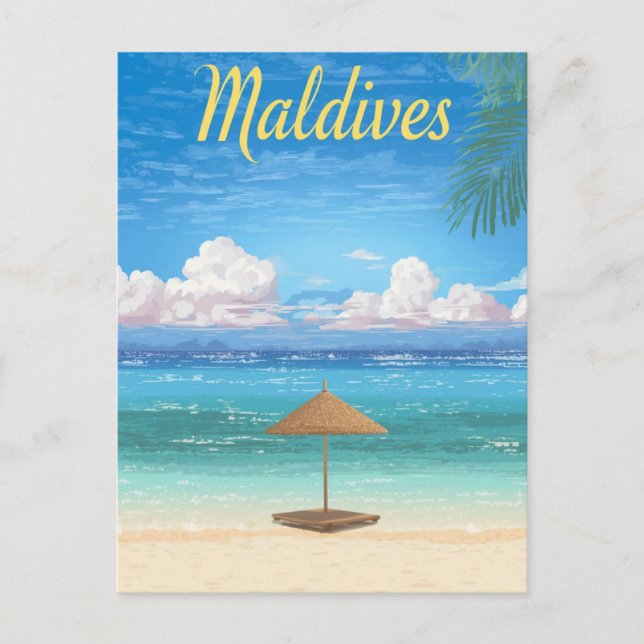 Vintage Maldives Tropical Beach Parasol Travel Vykort (Framsida)