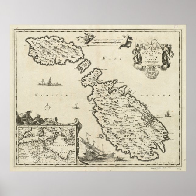 Vintage Malta Karta (1698) Poster (Framsidan)