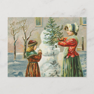 Vintage Mamma och flicka Skapar Snögubbe Helg Vykort