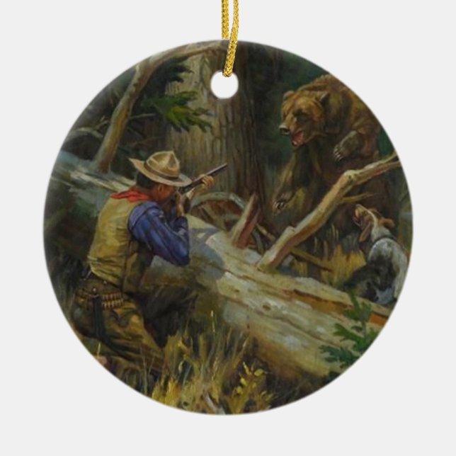 Vintage Man Hunting Bear Julgransprydnad Keramik (Framsidan)