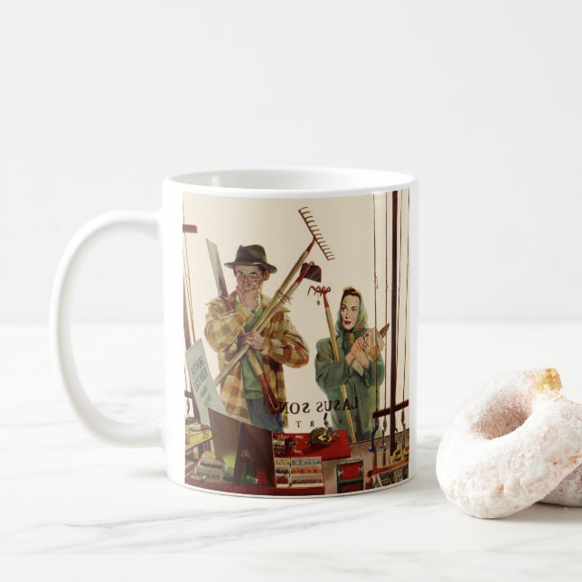 Vintage man och hustru med trädgårdsredskap kaffemugg (Med munk)