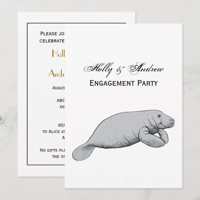 Vintage Manatee Teckning Inbjudningar (Fram/baksida)