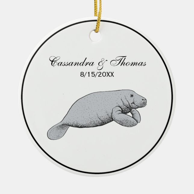 Vintage Manatee Teckning Julgransprydnad Keramik (Framsidan)