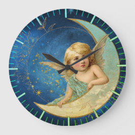 Vintage Måne Angel i Celestial Blue och Guld Stor Klocka