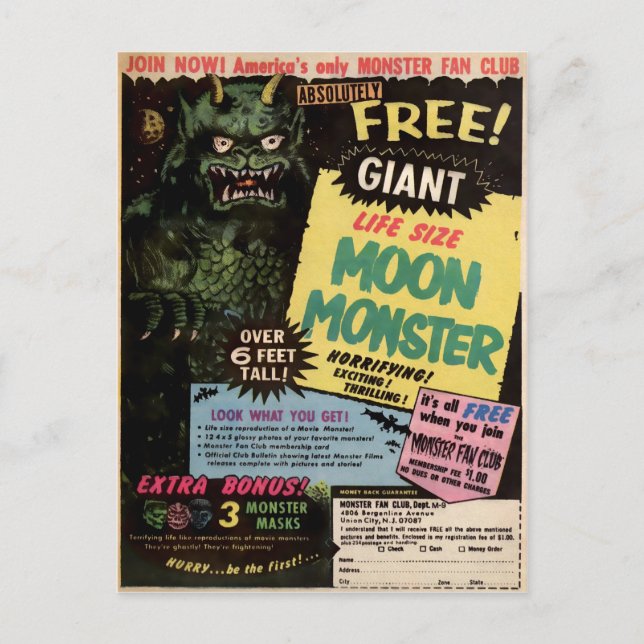 Vintage Måne Monster Advertisement Vykort (Framsida)