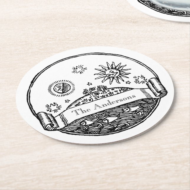 Vintage Måne Stars Oceanplaneten Teckning Underlägg Papper Rund (Vinklad)