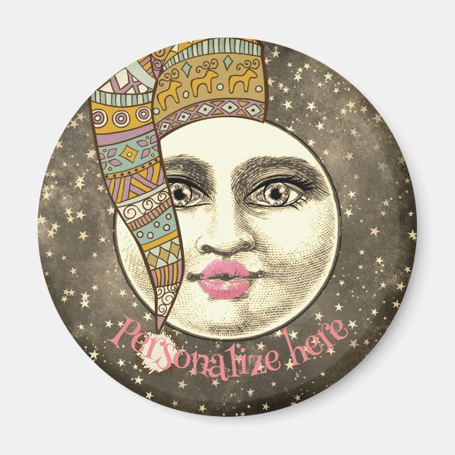 Vintage mankvinna i måne, viskvällhatt magnet (Framsidan)
