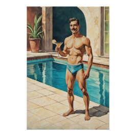 Vintage Manlig Pinup Zaddy | Retro Badbrud vid poo Perfect Poster