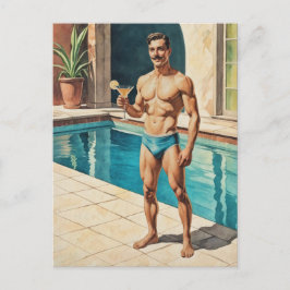 Vintage Manlig Pinup Zaddy | Retro Poolside Kille Vykort