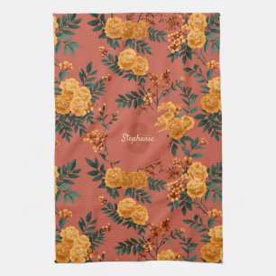 Vintage Marigold Calendula Blommönster Kökshandduk