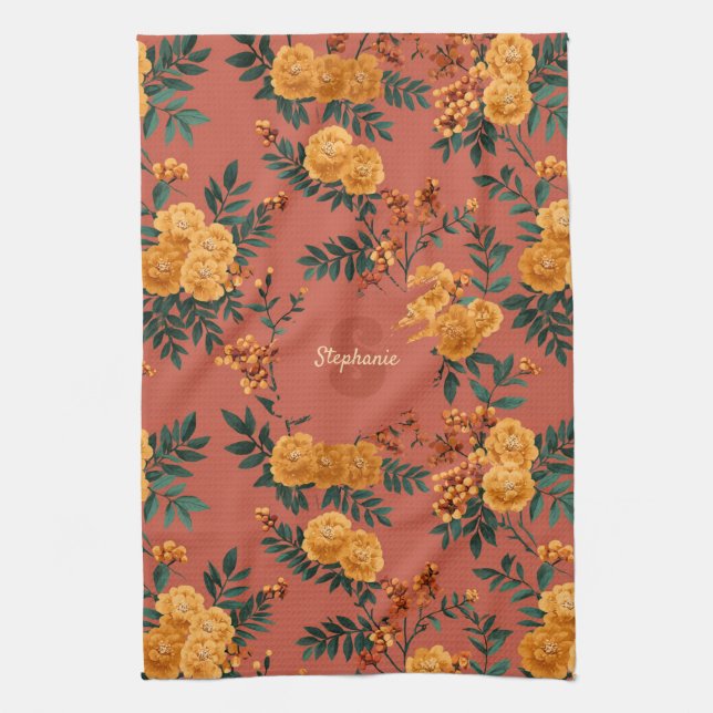 Vintage Marigold Calendula Blommönster Kökshandduk (Vertikal)